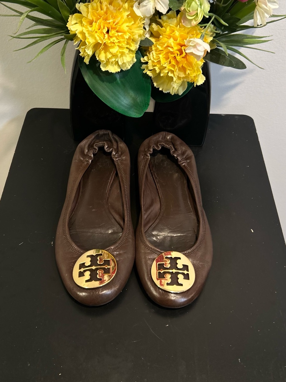 Tory Burch Brown Leather Ballet Flats with Gold Logo Medallion